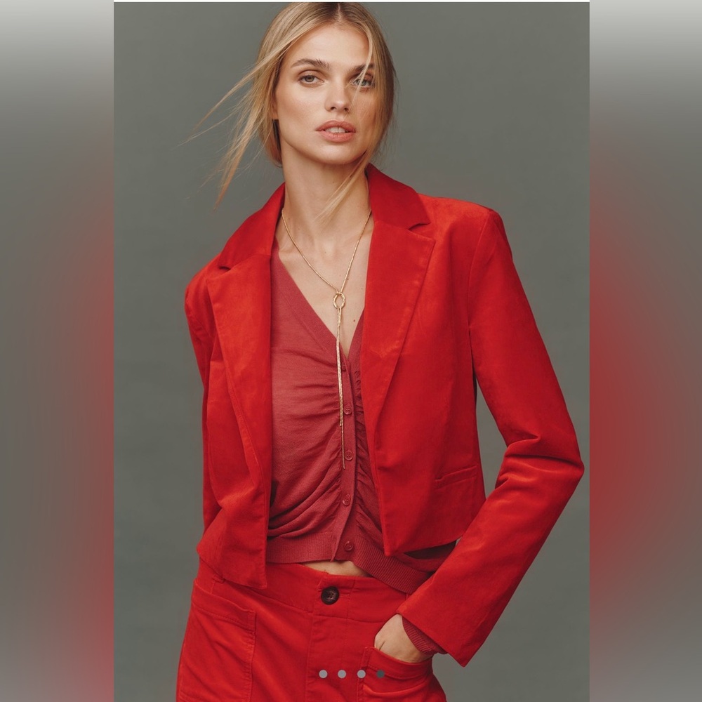 Anthropologie’s Maeve Red velvet cropped blazer. Size XS